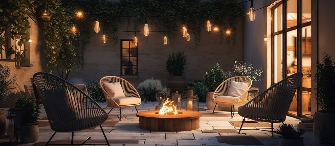 Cozy outdoor patio with fire pit, string lights, and seating surrounded by greenery.